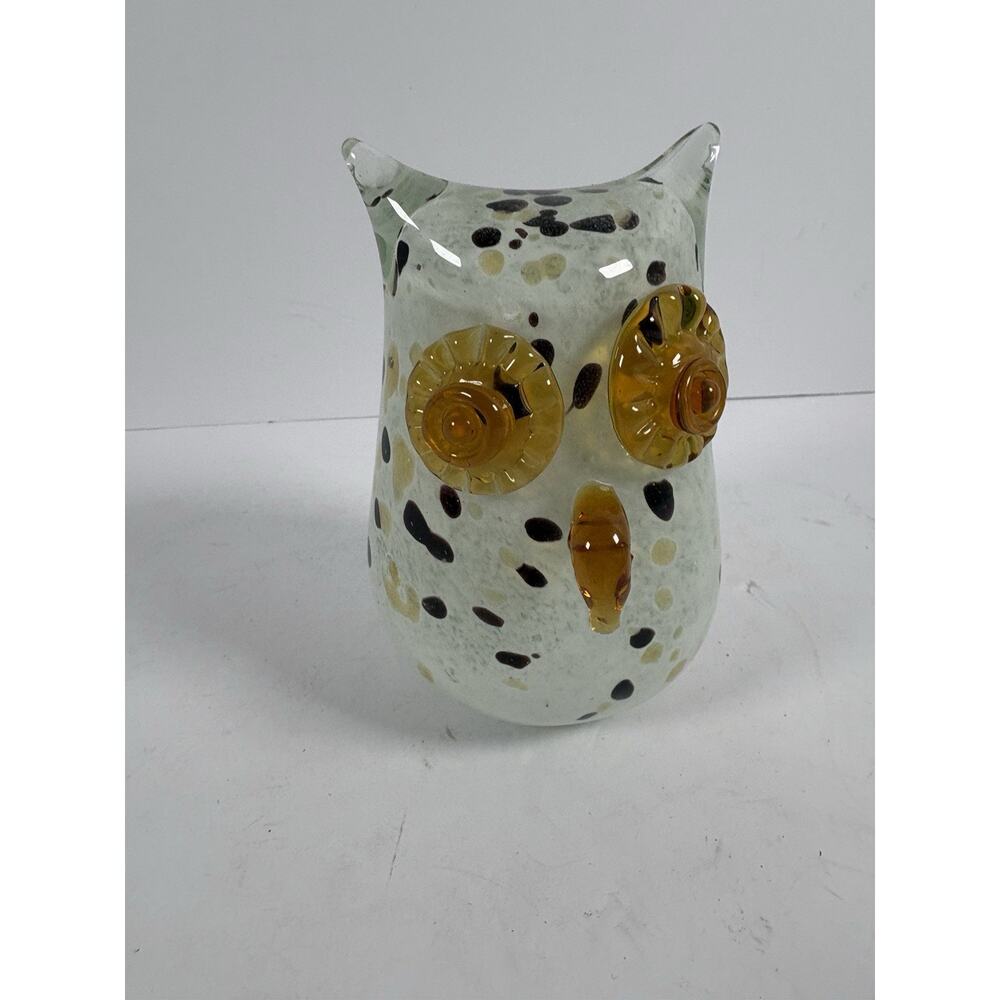 Murano Style Art Glass Owl Figurine Amber Eyes White Speckled Vintage